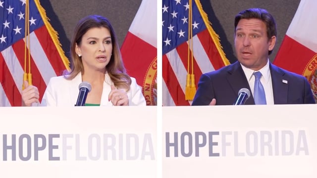 First lady Casey DeSantis, left, and Governor Ron DeSantis speak about Hope Florida at a press conference at Anchor Faith Church in St. Aug.ine on Thursday, April 24, 2025.
