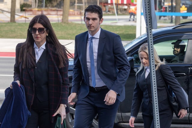 Cal Foote, enters the Court House, as a trial against five teammates on Canada's 2018 gold medal-winning world junior hockey team, charged with sexually assaulting a woman in a hotel room, begins at the Superior Court of Justice in London, Ontario, Canada April 22, 2025.  REUTERS/Brett Gundlock/File Photo