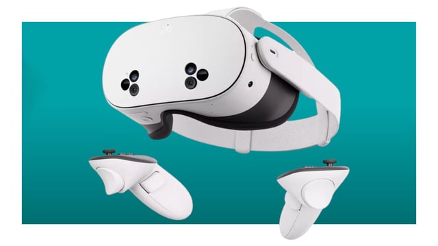 An image of a Meta Quest 3S VR headset and two hand controllers against a teal background and a white border