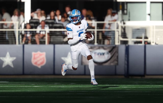 Oct 13, 2024; Arlington, Texas, USA;  Detroit Lions wide receiver Jameson Williams (9) runs with the ball during the second half against the Dallas Cowboys at AT&T Stadium. Mandatory Credit: Kevin Jairaj-Imagn Images/File Photo