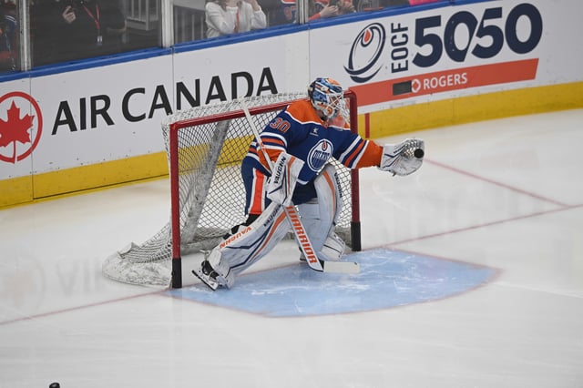 Apr 14, 2025; Edmonton, Alberta, CAN; Edmonton Oilers goalie Calvin Pickard (30) is seen out on the ice during the pre game warm up as the Los Angeles Kings take on the Edmonton Oilers before the first period at Rogers Place. Mandatory Credit: Walter Tychnowicz-Imagn Images/File Photo