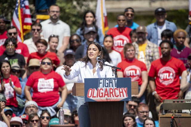 U.S. Rep. Alexandria Ocasio-Cortez Addresses A Crowd Of 36,000 People At The Fighting Oligarchy Rally At Gloria Molina Grand Park In Downtown Los Angeles On April 12, 2025.