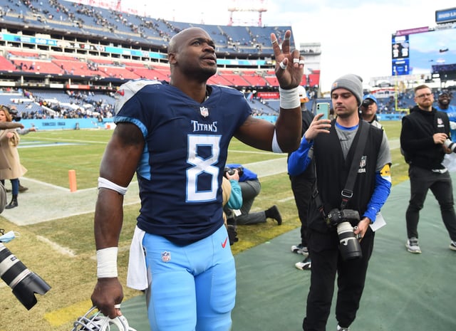 Nov 14, 2021; Nashville, Tennessee, USA; Tennessee Titans running back Adrian Peterson (8) leaves the field after a win against the New Orleans Saints at Nissan Stadium. Mandatory Credit: Christopher Hanewinckel-USA TODAY Sports/File Photo