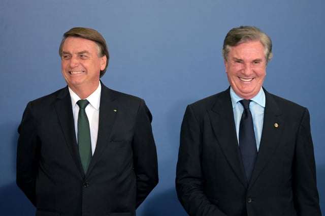 Former far-right Brazilian president Jair Bolsonaro (L) and ex-president (1990-1992) Fernando Collor de Mello (R) are allies against current leftist President Luiz Inacio Lula da Silva