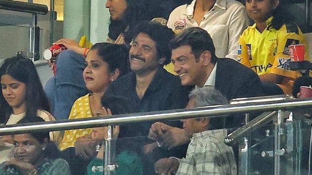 Ajith Kumar with Sivakarthiyan during the IPL match on Friday evening.