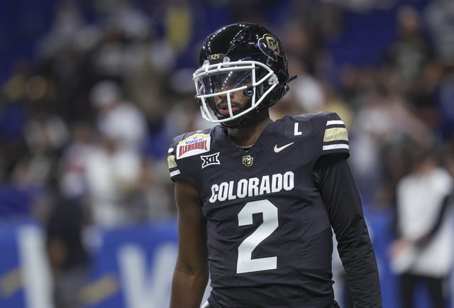 Colorado Buffaloes quarterback Shedeur Sanders (2) warms up before the game against the Brigham Young Cougars at Alamodome