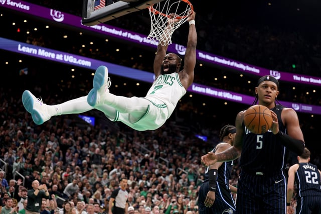 Jaylen Brown #7 of the Boston Celtics reacts after a dunk in Game One of the Eastern Conference First Round NBA Playoffs against the Orlando Magic at TD Garden on April 20, 2025 in Boston, Massachusetts.