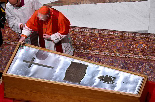 The casket of Pope Francis is sealed at St. Peter's Basilica, ahead of his funeral at the Vatican, on April 25, 2025.
