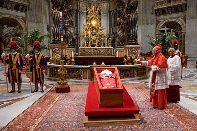 The body of Pope Francis lies in a casket before it's sealed, at St. Peter's Basilica, ahead of his funeral at the Vatican, on April 25, 2025.