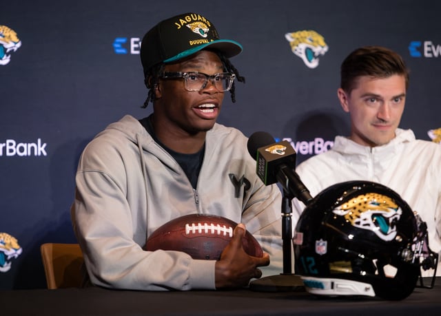Apr 25, 2025; Jacksonville, FL, USA; Jacksonville Jaguars first round draft pick Travis Hunter talks to the media during a press conference at Miller Electric Center. Mandatory Credit: Travis Register-Imagn Images