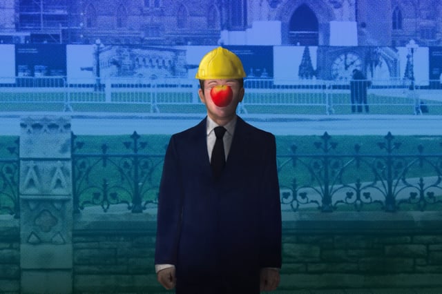An image of Pierre Poilievre with an apple floating in front of his face, like the famous painting by Rene Magritte. The background is a blurry Parliament.