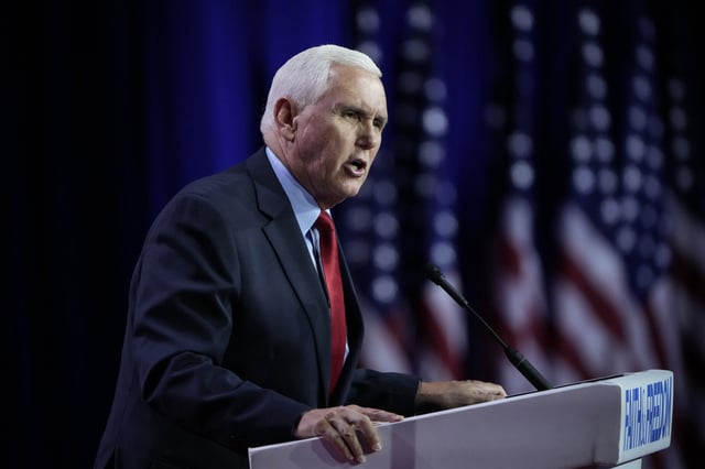 Former Republican presidential candidate and former U.S. Vice President Mike Pence is seen delivering remarks at the Faith and Freedom Road to Majority conference at the Washington Hilton on June 23, 2023, in Washington, D.C. (Photo by Drew Angerer/Getty Images)