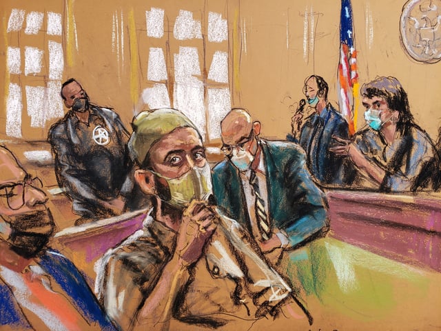 Former Taliban commander Haji Najibullah, previously accused of kidnapping an American journalist, appears on charges related to murdering three U.S. troops in Afghanistan in 2008 during a court hearing in New York, U.S., October 15, 2021 in this courtroom sketch. REUTERS/Jane Rosenberg/File photo
