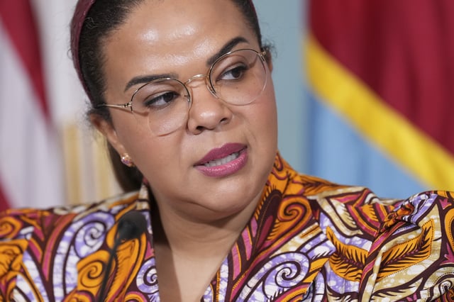 Congo's Foreign Minister Therese Kayikwamba Wagner speaks during a Declaration of Principles signing ceremony with Secretary of State Marco Rubio and Rwanda's Foreign Minister Olivier Nduhungirehe, Friday, April 25, 2025, at the State Department in Washington. (AP Photo/Jacquelyn Martin)