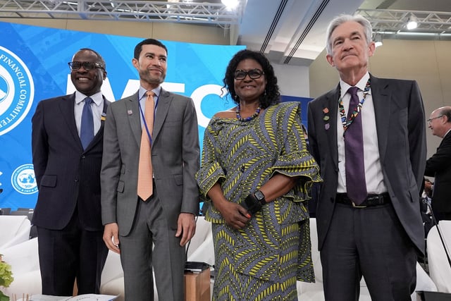 Secretary of the IMF and Secretary’s Department Director Ceda Ogada, Mohamed Al Hussaini, Minister of Financial Affairs for the United Arab Emirates, Mercy Tembon, Vice President and Corporate Secretary The World Bank Group and U.S., Federal Reserve Chair Jerome Powell  prepare for the International Monetary and Financial Committee (IMFC) plenary session at the IMF and World Bank's 2025 annual Spring Meetings in Washington, U.S., April 25, 2025. REUTERS/Ken Cedeno