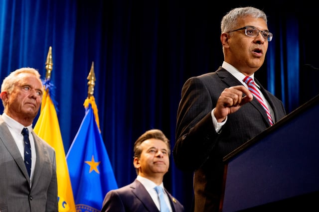 WASHINGTON, DC - APRIL 22: National Institutes of Health Director Jayanta Bhattacharya (R), accompanied by Health and Human Services Secretary Robert F. Kennedy Jr. (L) and Food and Drug Administration Commissioner Marty Makary (C), speaks during a news conference at the Health and Human Services Department on April 22, 2025 in Washington, DC. Kennedy and Makary spoke about the intent of the FDA "to phase out the use of petroleum-based synthetic dyes in the nation's food supply." (Photo by Andrew Harnik/Getty Images)