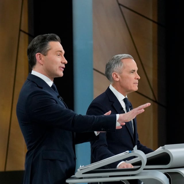 Conservative Leader Pierre Poilievre, left to right, Liberal Leader Mark Carney and New Democratic Party Leader Jagmeet Singh participate in the English-language federal leaders' debate in Montreal on April 17, 2025. THE CANADIAN PRESS/Adrian Wyld