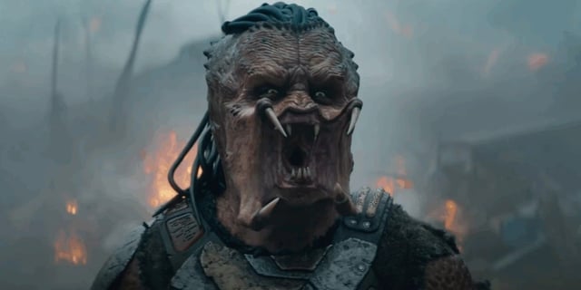 The Predator with its mouth open wide in 'Predator: Badlands'