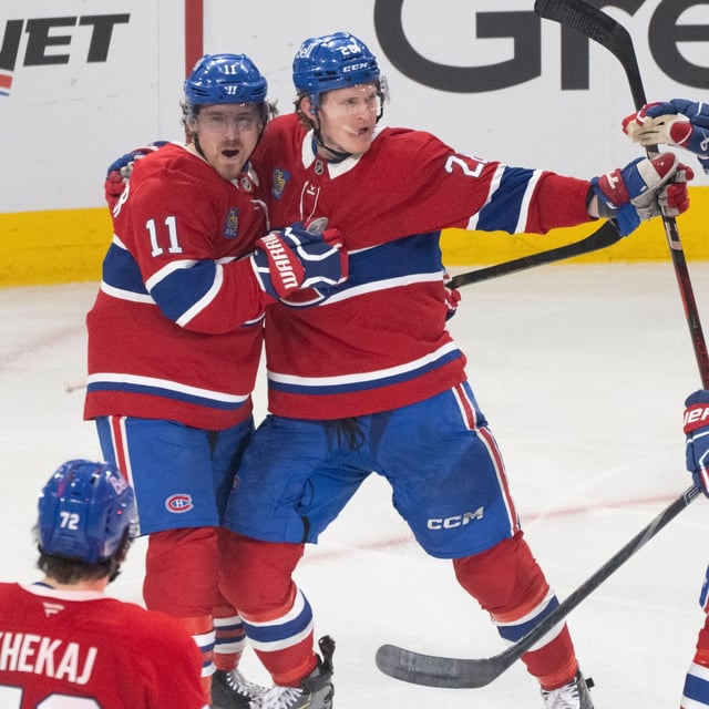 Montreal Canadiens' Christian Dvorak (28) celebrates his goal over the Washington Capitals with teammates during third period NHL playoff action in Montreal on Friday, April 25, 2025. THE CANADIAN PRESS/Christinne Muschi
