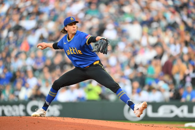 Apr 25, 2025; Seattle, Washington, USA; Seattle Mariners starting pitcher Logan Gilbert (36) pitches to the Miami Marlins during the second inning at T-Mobile Park. Mandatory Credit: Steven Bisig-Imagn Images