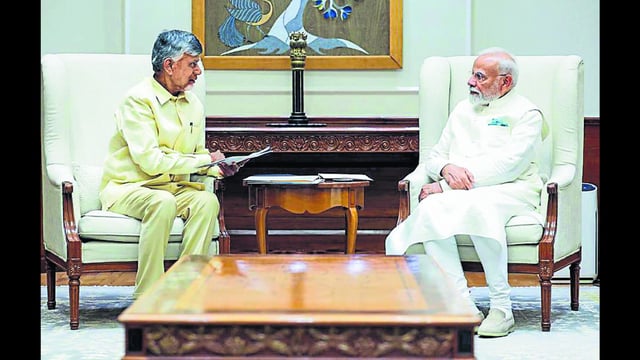 Andhra Pradesh chief minister N Chandrababu Naidu meets Prime Minister Narendra Modi in New Delhi on Friday. (ANI)