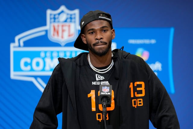Colorado quarterback Shedeur Sanders during a press conference at the NFL football scouting combine, in Indianapolis, on Feb. 28, 2025.