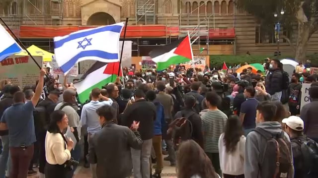 Pro-Israeli and pro-Palestinian protesters show their support for their respective causes at the University of California Los Angeles campus on Thursday, April 25, 2024.