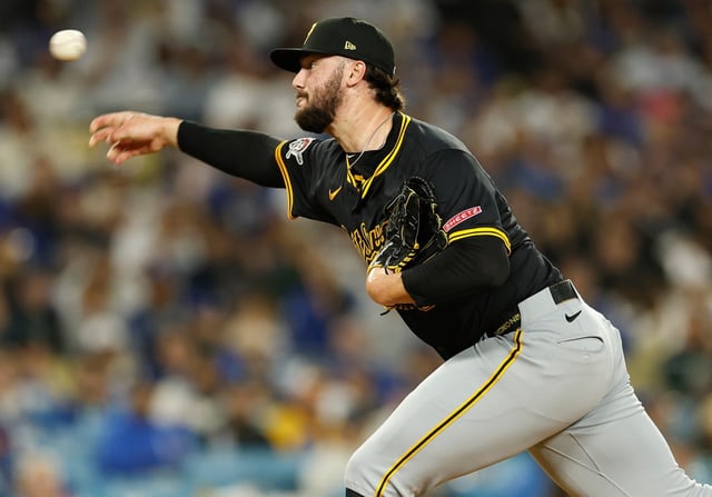 Pittsburgh Pirates starting pitcher Paul Skenes throws to the plate during the fifth inning of their game against the Dodgers on Friday night, April 25, 2025, at Dodger Stadium. (Photo by Harry How/Getty Images)