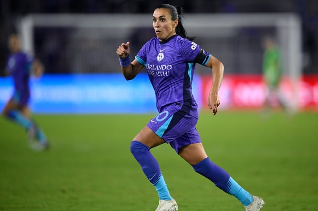 Orlando Pride forward Marta (10) follows a play during an NWSL soccer match against the Chicago Stars, Friday, March 14, 2025, in Orlando, Fla. (AP Photo/Phelan M. Ebenhack)