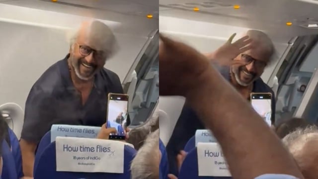 A fan posted a video on social media of Rajinikanth smiling wide as he greeted fans on a flight.