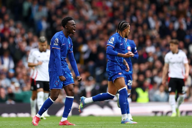 Tyrique George of Chelsea celebrates scoring his team&#39;s first goal during the Premier League match between Fulham FC and Chelsea FC at Craven Cottage on April 20, 2025 in London, England.