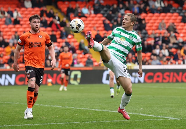 Soccer Football - Scottish Premiership - Dundee United v Celtic - Tannadice Park, Dundee, Scotland, Britain - April 26, 2025 Celtic's Daizen Maeda in action REUTERS/Russell Cheyne
