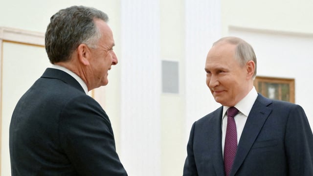 Russian President Vladimir Putin welcomes U.S. President Donald Trump's envoy Steve Witkoff during a meeting in Moscow, Russia, April 25, 2025.