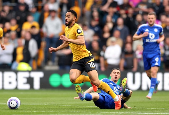 Soccer Football - Premier League - Wolverhampton Wanderers v Leicester City - Molineux Stadium, Wolverhampton, Britain - April 26, 2025 Wolverhampton Wanderers' Matheus Cunha in action with Leicester City's Bilal El Khannouss REUTERS/Chris Radburn