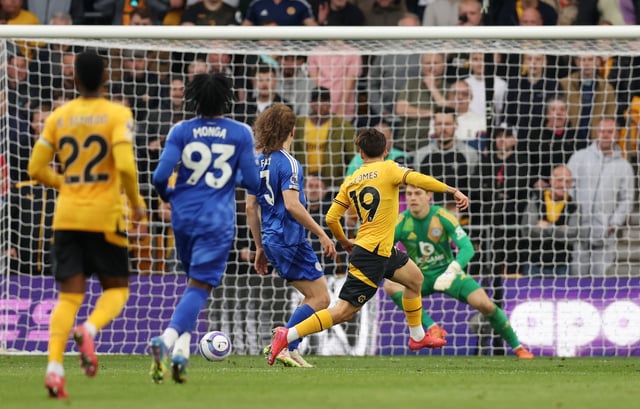 Soccer Football - Premier League - Wolverhampton Wanderers v Leicester City - Molineux Stadium, Wolverhampton, Britain - April 26, 2025 Wolverhampton Wanderers' Rodrigo Gomes scores their third goal REUTERS/Chris Radburn