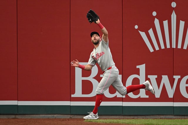 Sep 29, 2024; Washington, District of Columbia, USA; Philadelphia Phillies first baseman Kody Clemens (2) makes a catch on the warning track for an out against the Washington Nationals during the seventh inning at Nationals Park. Mandatory Credit: Rafael Suanes-Imagn Images/File Photo