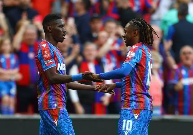 Soccer Football - FA Cup - Semi Final - Crystal Palace v Aston Villa - Wembley Stadium, London, Britain - April 26, 2025 Crystal Palace's Ismaila Sarr celebrates scoring their second goal with Eberechi Eze Action Images via Reuters/Matthew Childs