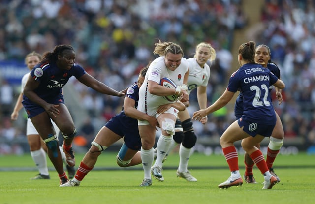 Rugby Union - Women's Six Nations - England v France - Allianz Stadium, Twickenham, London, Britain - April 26, 2025 England's Sarah Bern in action with France's Manae Feleu, Alexandra Chambon and Madoussou Fall Raclot Action Images via Reuters/Peter Cziborra