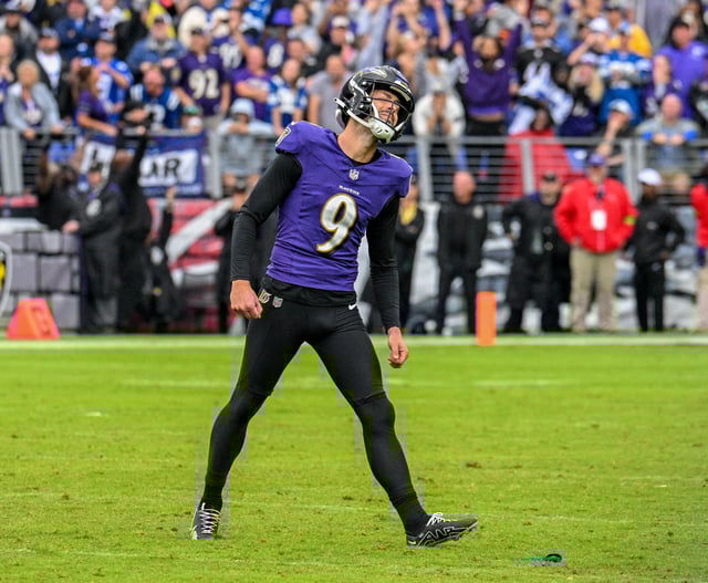 Baltimore Ravens kicker Justin Tucker winces as his 61-yard field goat attempt misses with six seconds remaining in the fourth quarter. The Indianapolis Colts beat the Ravens in overtime 22-19 at M&amp;T Bank Stadium.