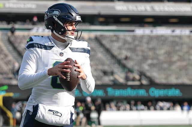 Dec 1, 2024; East Rutherford, New Jersey, USA; Seattle Seahawks quarterback Sam Howell (6) warms up before the game against the New York Jets before the game at MetLife Stadium. Mandatory Credit: Vincent Carchietta-Imagn Images/File Photo