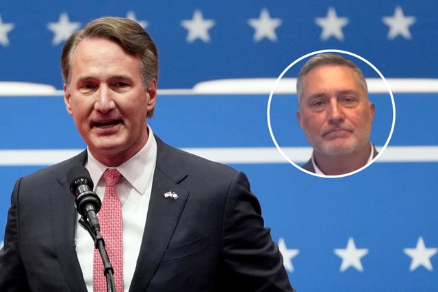 (L): Virginia Gov. Glenn Youngkin speaks at an indoor Presidential Inauguration parade event in Washington, Monday, Jan. 20, 2025. 
(R): A screengrab of John Reid from his April 25, 2025 video denying allegations of a sexually explicit social media account.