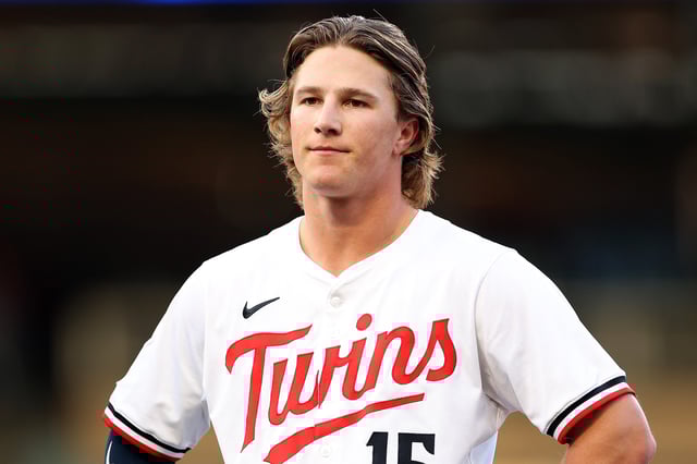 Luke Keaschall #15 of the Minnesota Twins looks on against the Chicago White Sox in the second inning at Target Field on April 23, 2025 in Minneapolis, Minnesota. The Twins defeated the White Sox 6-3.