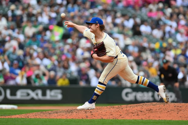 Sep 29, 2024; Seattle, Washington, USA; Seattle Mariners relief pitcher Troy Taylor (59) pitches to the Oakland Athletics during the ninth inning at T-Mobile Park. Mandatory Credit: Steven Bisig-Imagn Images/File Photo