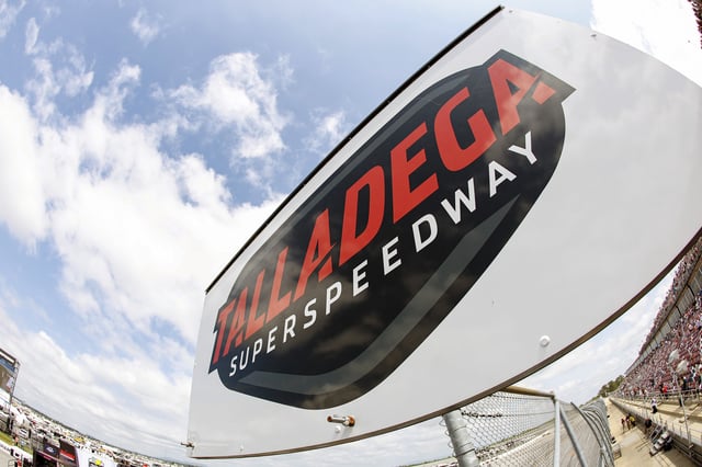 A detail view of a &#34;Talladega Superspeedway&#34; signage during the NASCAR Xfinity Series Ag-Pro 300 at Talladega Superspeedway on April 26, 2025 in Talladega, Alabama.