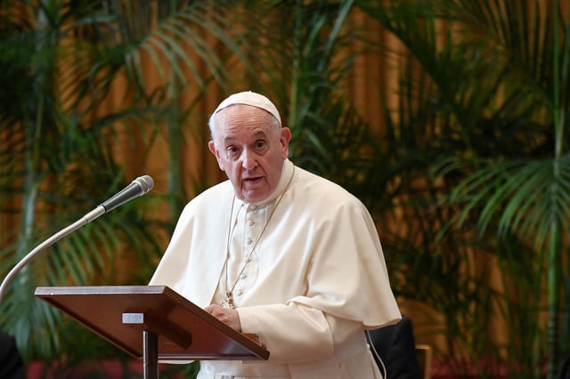 Pope Francis speaks during the meeting "Faith and Science: Towards COP26" at the Vatican October 4, 2021. Alessandro Di Meo/Pool via REUTERS