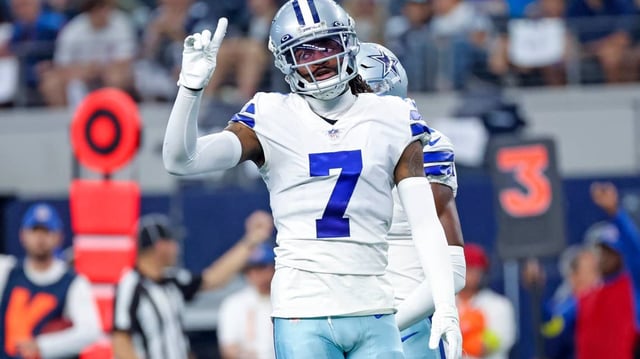 Oct 23, 2022; Arlington, Texas, USA; Dallas Cowboys cornerback Trevon Diggs (7) reacts during the first quarter against the Detroit Lions at AT&T Stadium..