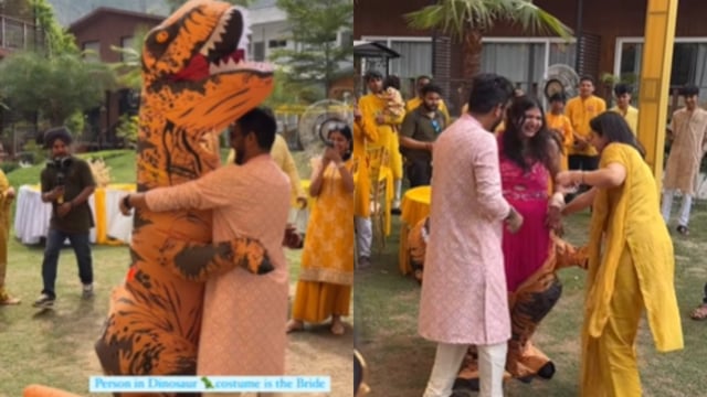 A bride-to-be’s viral haldi ceremony video showed her entering in a dinosaur costume.