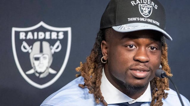 Las Vegas Raiders running back Ashton Jeanty is introduced during a news conference at the Intermountain Health Performance Center on April 25, 2025, in Henderson, Nevada. (Heidi Fang/Las Vegas Review-Journal/TNS)