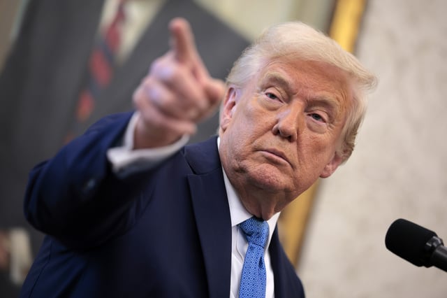 Donald Trump delivers remarks during the swearing-in ceremony for Securities and Exchange Commission Chairman Paul Atkins in the Oval Office at the White House on April 22, 2025 in Washington, DC.