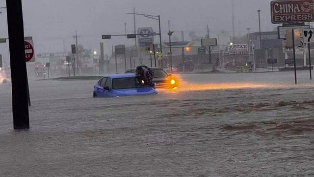 Vehicle trapped in flood waters in Lawton, Oklahoma on April 26, 2025